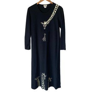 Vintage Cité Black Art To Wear Giraffe Graphic Print Long Sleeve Maxi Dress USA